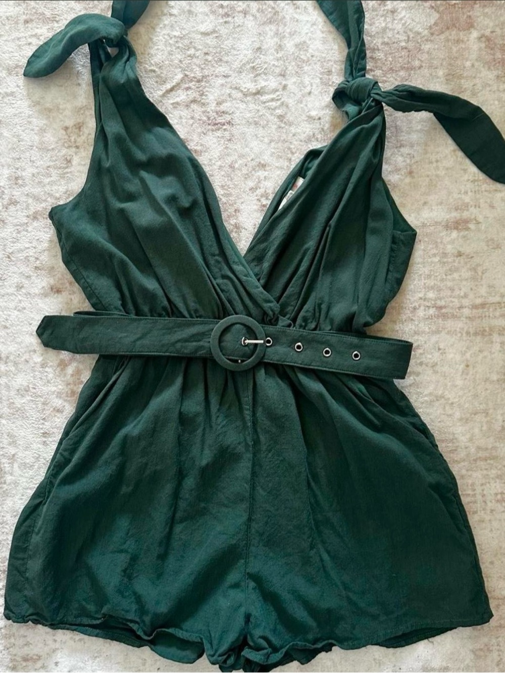 Le Lis Dark Green V-Neck Romper with Tie Straps
